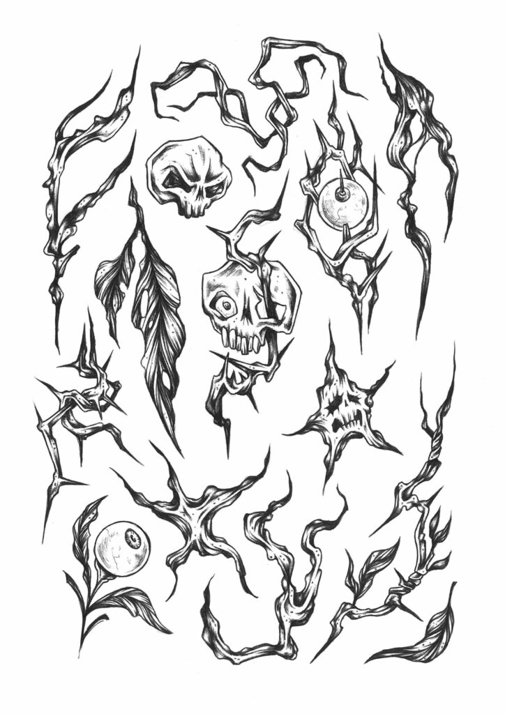 Monochrome art with twisted branches, eyes, leaves, and stylized skulls, detailed and surreal.