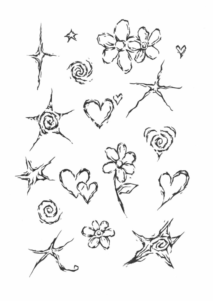 Hand-drawn stars, flowers, hearts, spirals; rough, textured, random distribution.