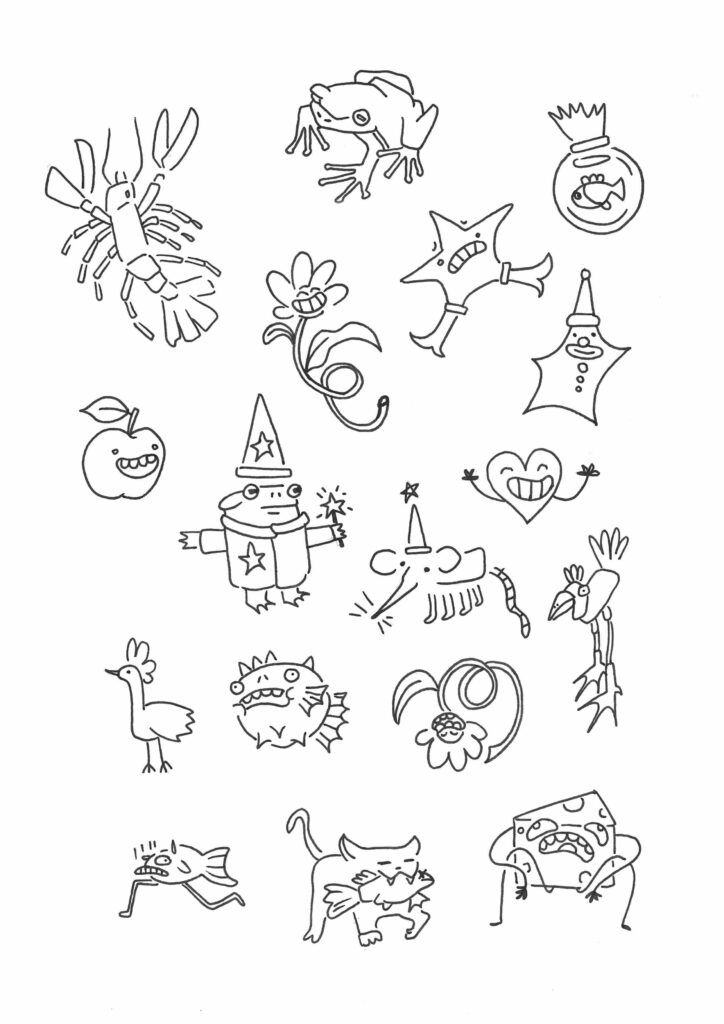Whimsical sketches of cartoon animals and characters, including a crab, frog, apple, and more.
