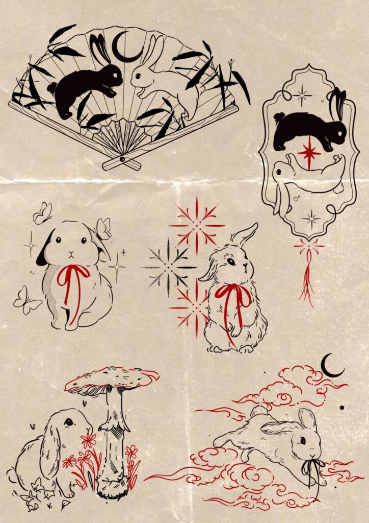 Stylised rabbit illustrations with fans, bows, frames, stars, clouds, butterflies, and a mushroom.