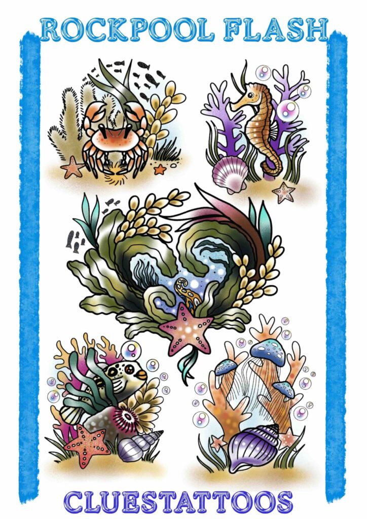 Underwater-themed tattoo designs with marine life, sea plants, coral, and a blue frame border.