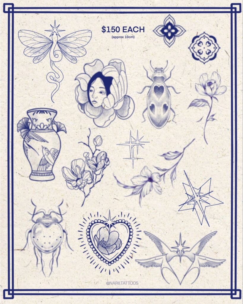 bird, woman's face in flower, beetle, floral motifs, stars, vase; $150 each.