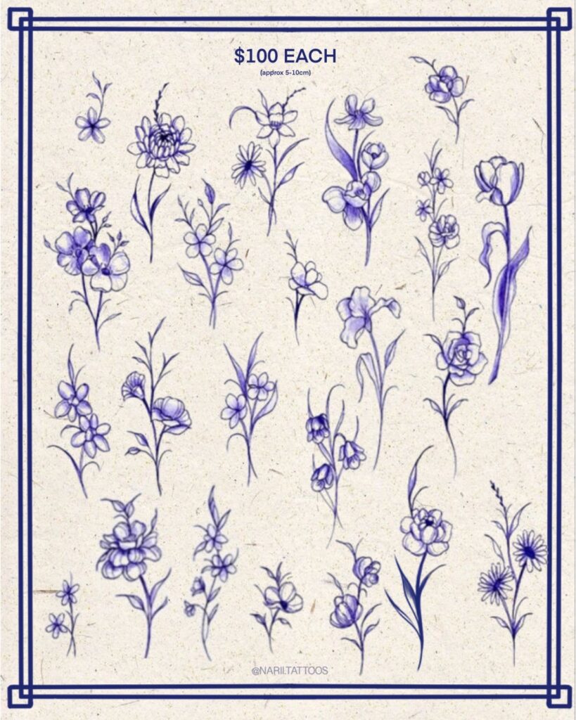 Delicate blue and purple floral tattoo designs, each costing $100, sized 5-10 cm.