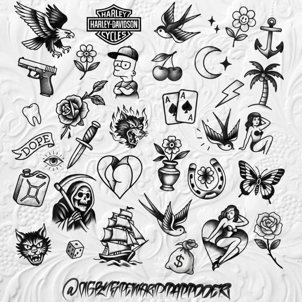 Black and white tattoo designs include an eagle, anchor, rose, swallows, skull, and cards.