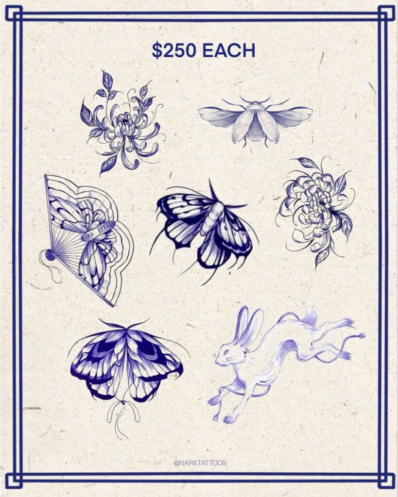 Tattoo designs with floral motifs, butterflies, fan, moth, and rabbit priced at $250 each.