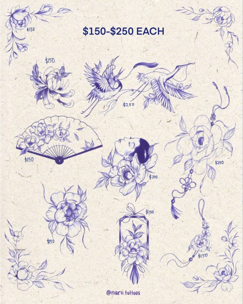 Illustrated tattoo designs with floral, bird motifs, human profile, priced $150-$250 each.