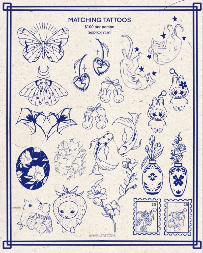 Collection of 7cm matching tattoo designs, $100 each, featuring animals and floral motifs.
