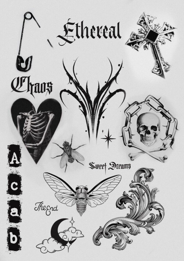 Monochrome illustrations with symbols, words, and decorative elements, such as skulls and insects.