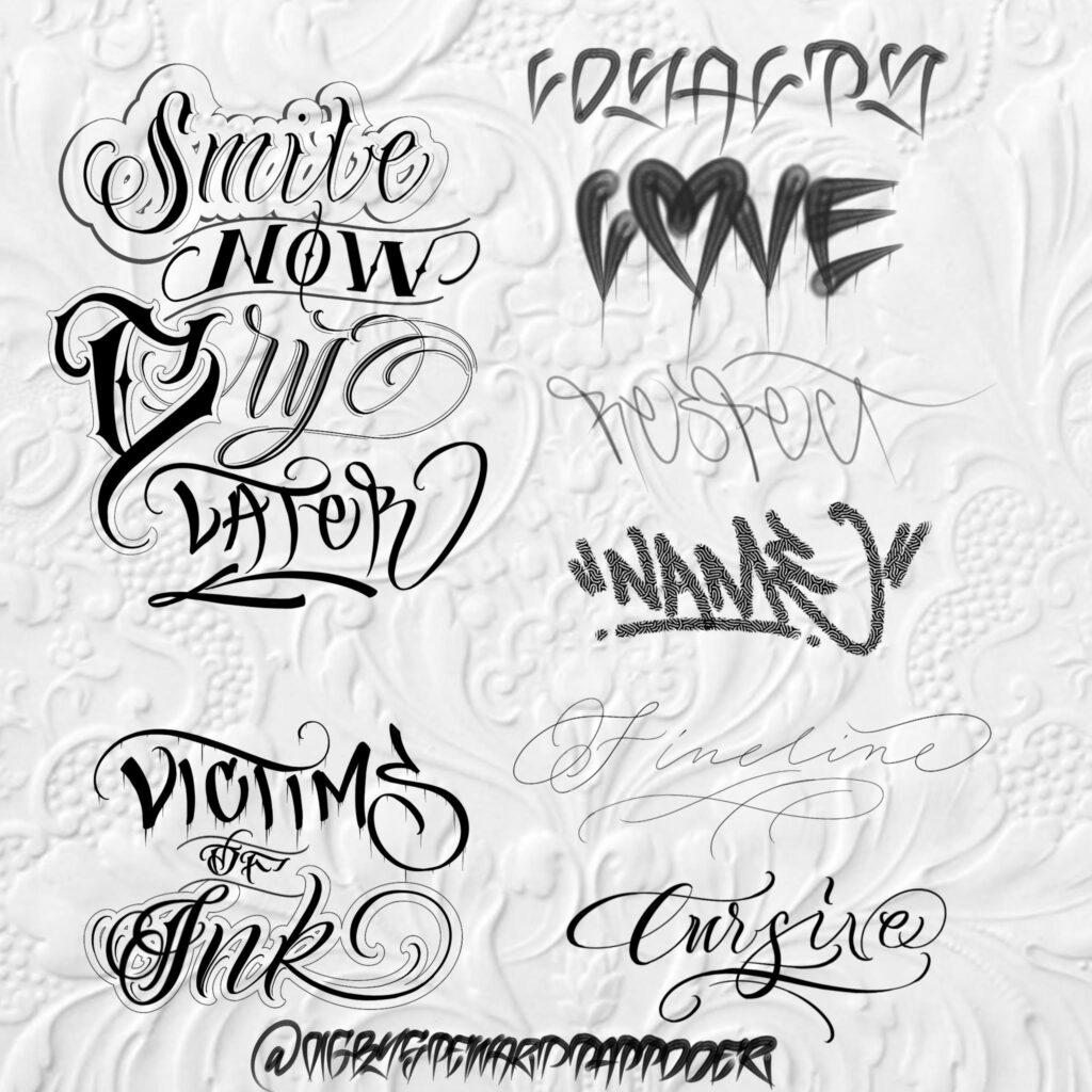 Stylised text designs with phrases on ornate patterned background.