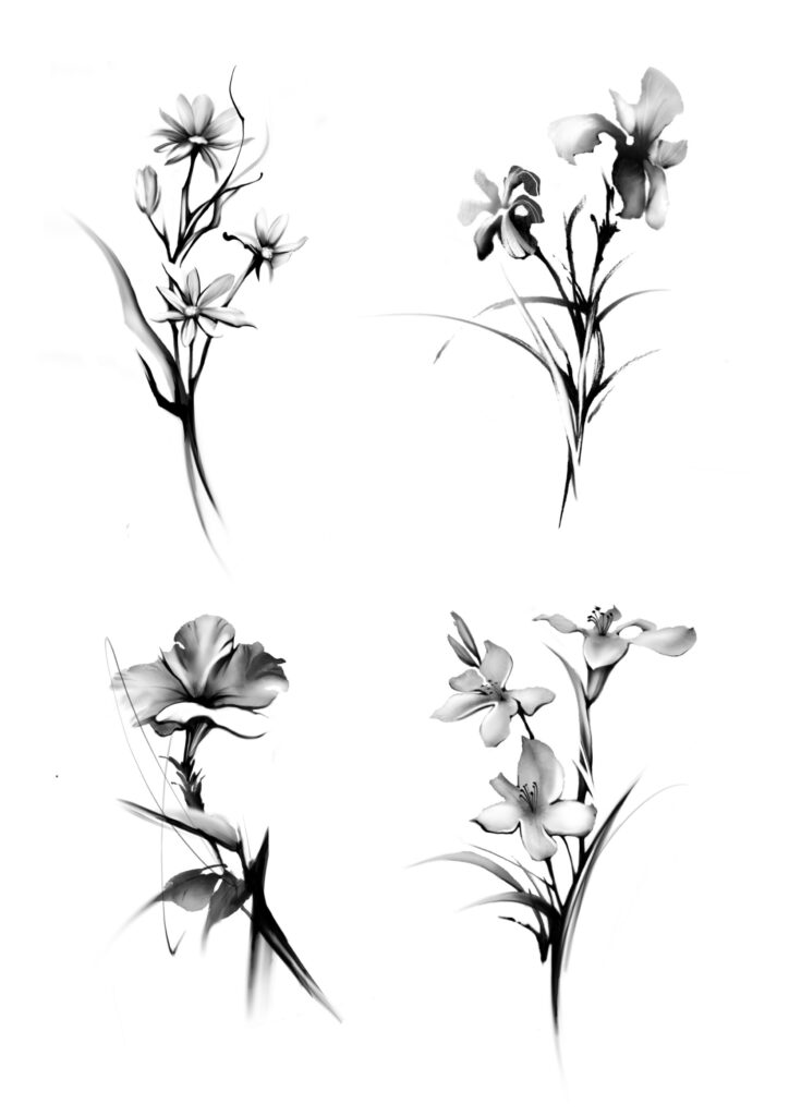 Four black and white floral illustrations on a plain background.