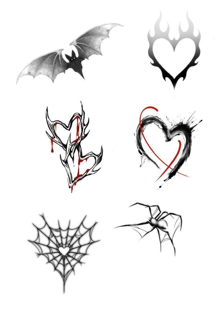 bat, heart with flames, dripping hearts, splattered heart, spider web, spider.