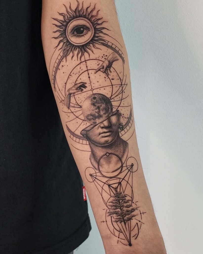 Black and grey forearm tattoo featuring an eye in a sun, pointing hands, classical statue head, moon, geometric shapes, and a tree.