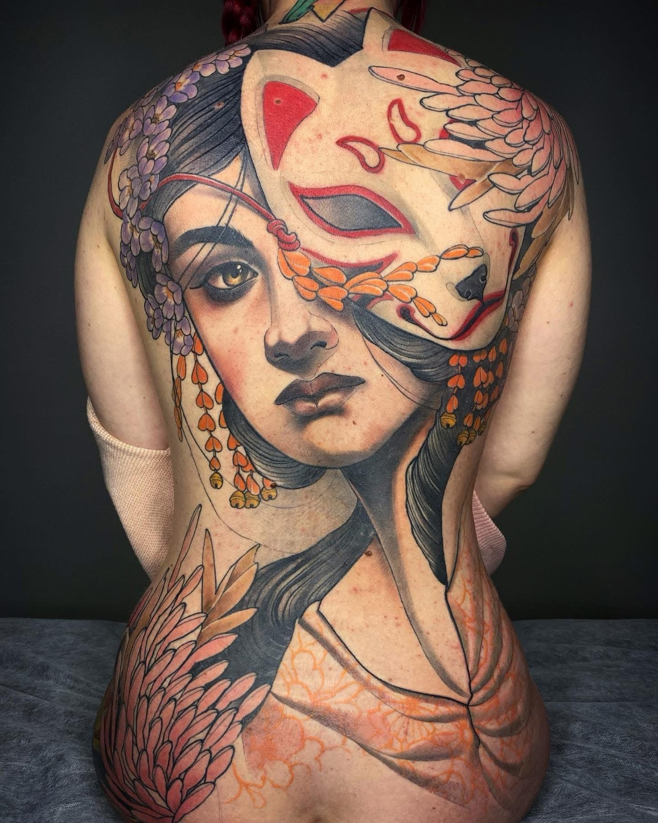Colour woman floral portrait tattoo by Tim Tavaria.