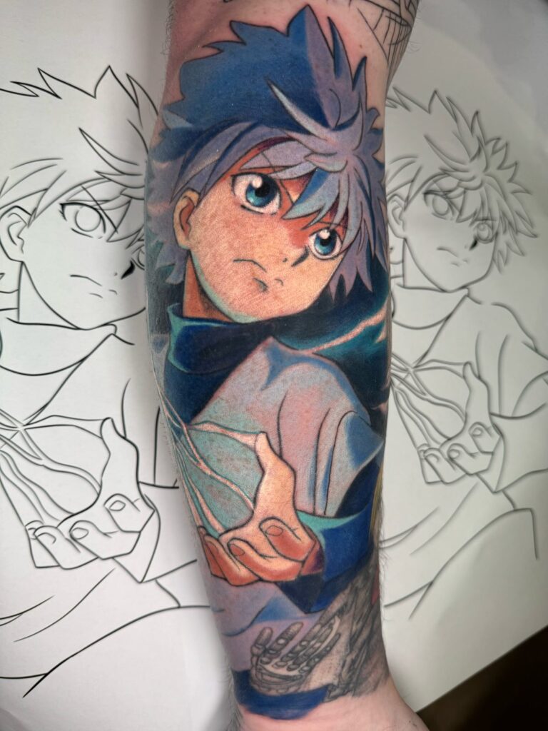 Colour anime portrait with blue eyes and spiky hair on the forearm by David Carry