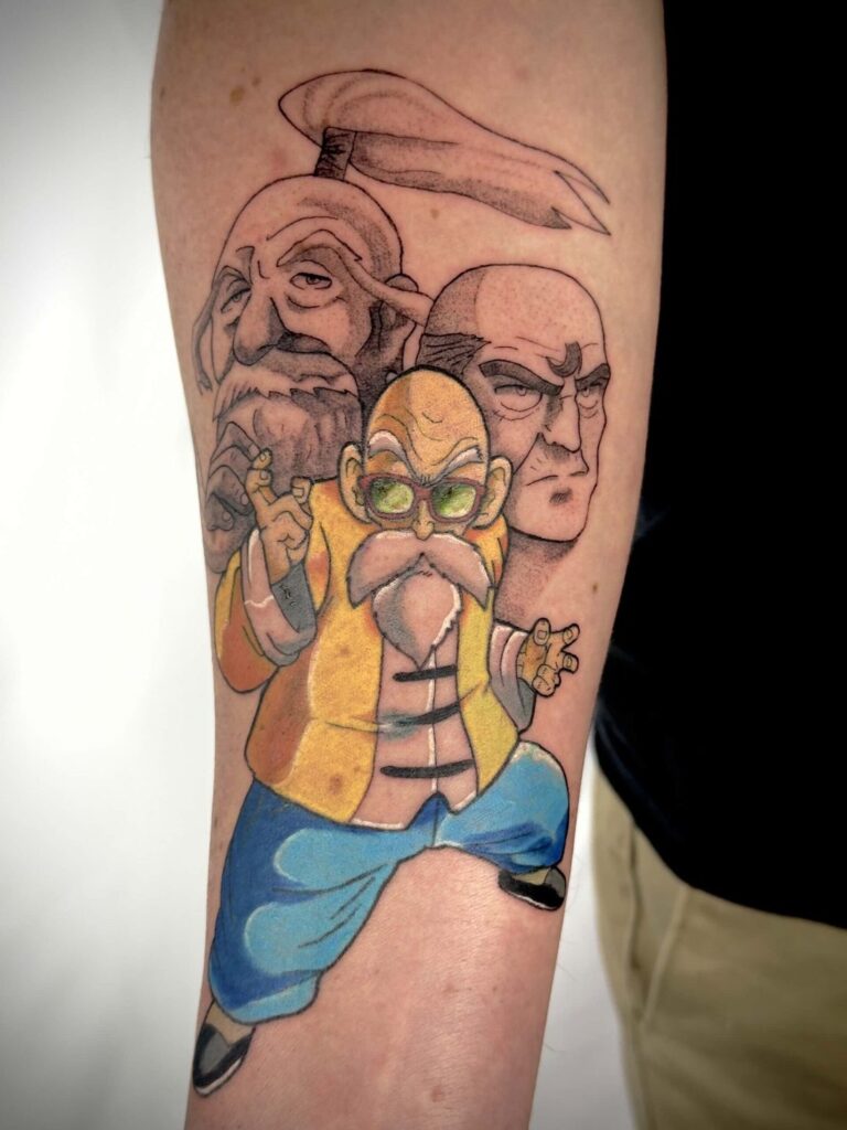 Bold cartoon character illustrative tattoo on forearm