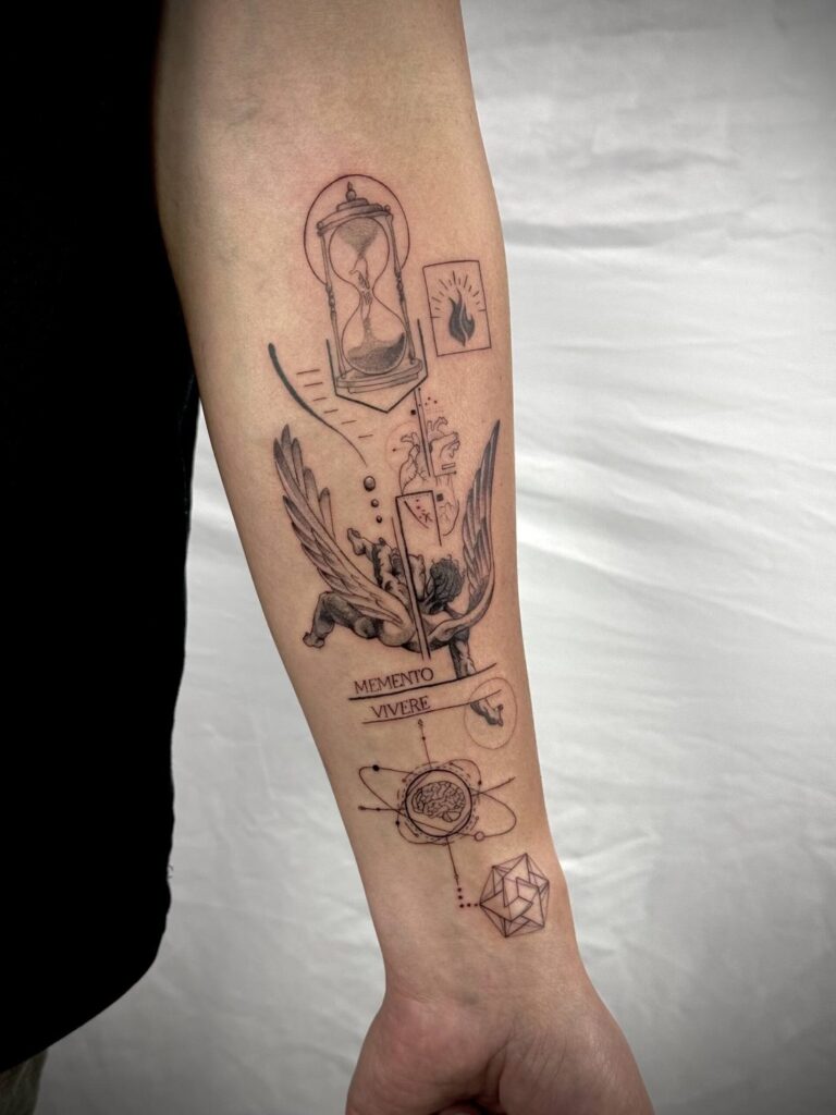 An intricate tattoo with symbolic elements like an hourglass, bird, brain, and "Memento Vivere."