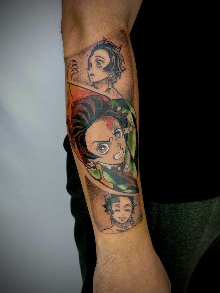 Forearm tattoo with animated character in three colorful, detailed expressions and sections.