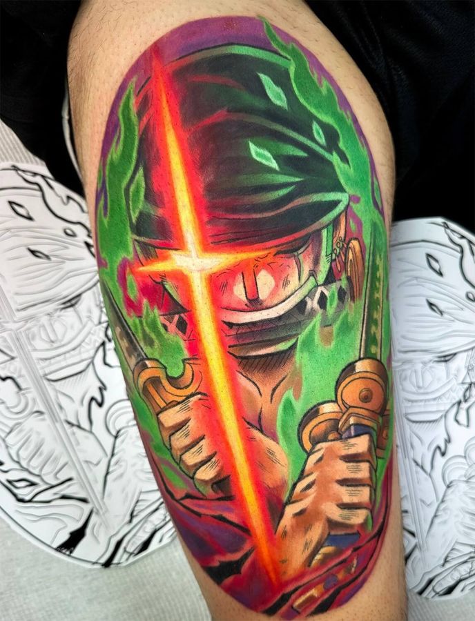 Full color anime tattoo depicting Roronoa Zoro on the front of the thigh