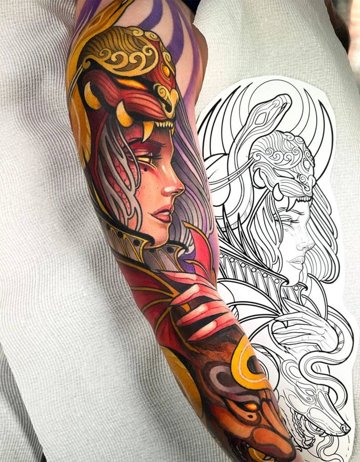 Neotraditional full arm sleeve