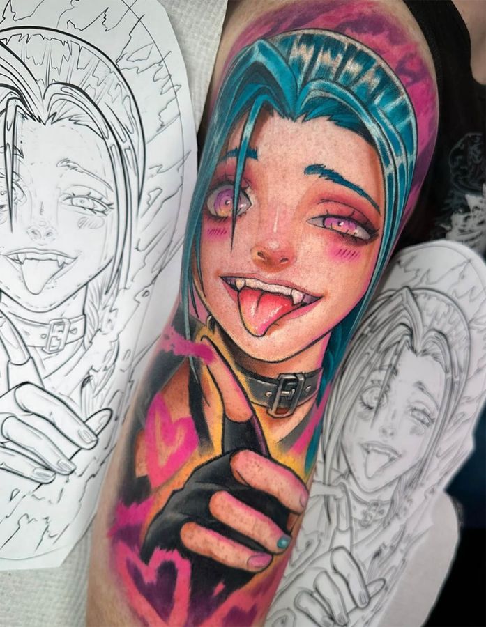 Full-color upper arm anime tattoo depicting Jinx from Arcane