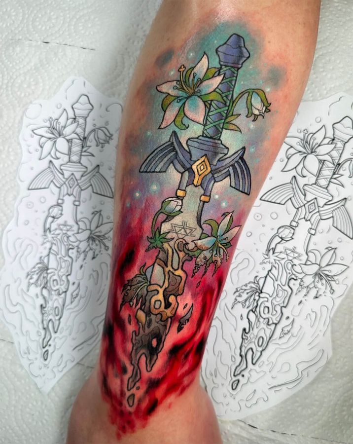 Full color tattoo depicting a sword from the game Zelda