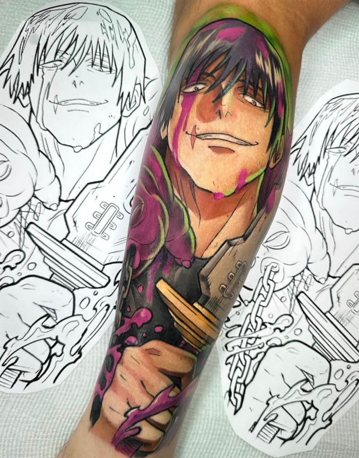 Full color anime tattoo on the lower leg depicting Toji