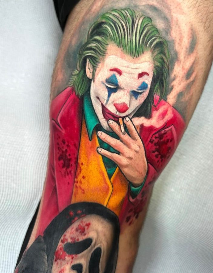 Color realism tattoo of Joker based on Joker movie starring Joaquin Phoenix