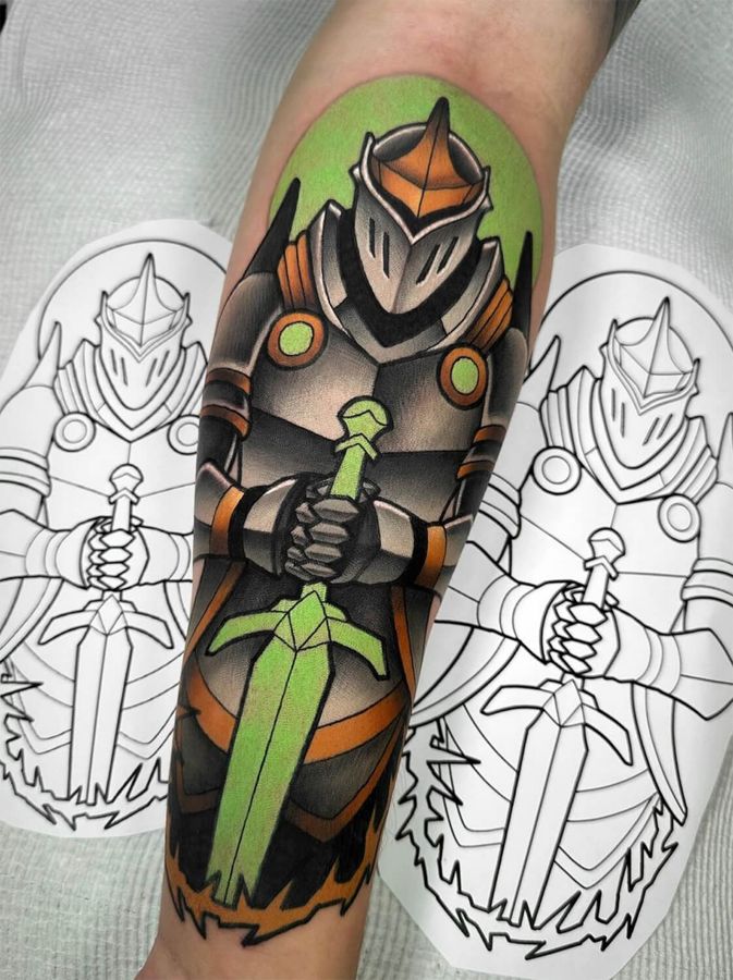 Neotraditional tattoo of a knight holding a sword with orange and green color