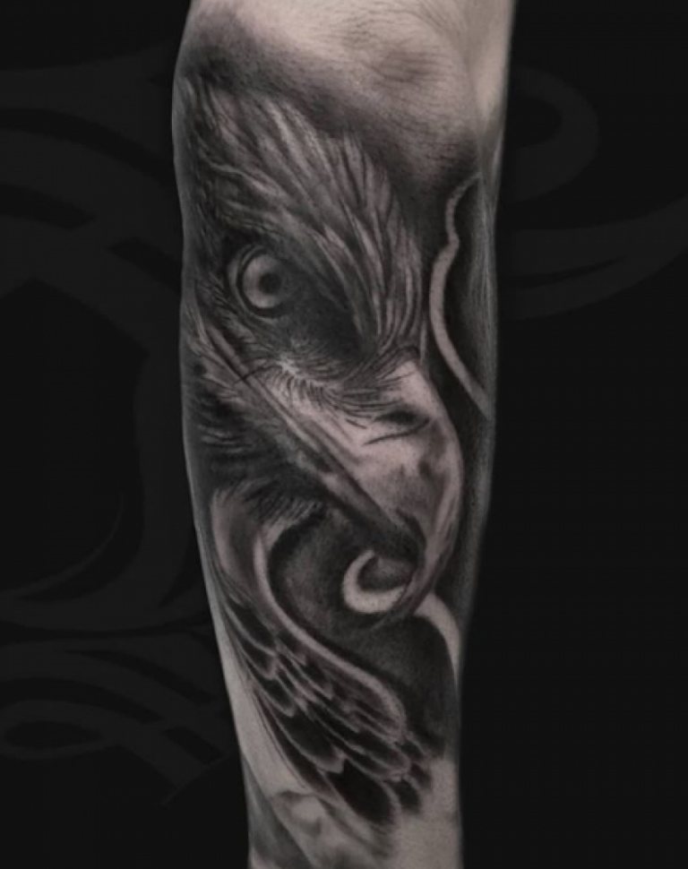 Detailed black and grey eagle tattoo on arm, featuring intricate feathers and shading.