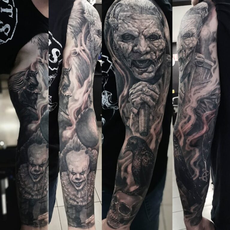 Black and grey sleeve combining horror and music-inspired portraits with skull imagery by Will Halstead-Smith