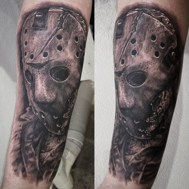 Black and grey realism tattoo depicting Jason Voorhees from Friday the 13th