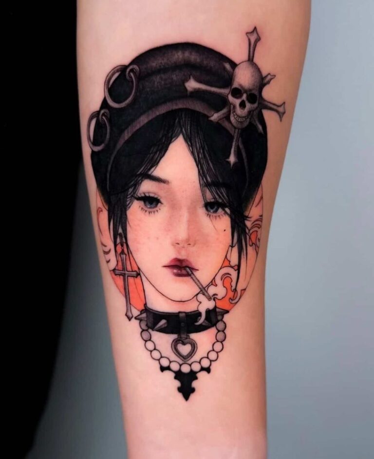 Gothic anime character tattoo with a black hat, skull and red accents by Woody