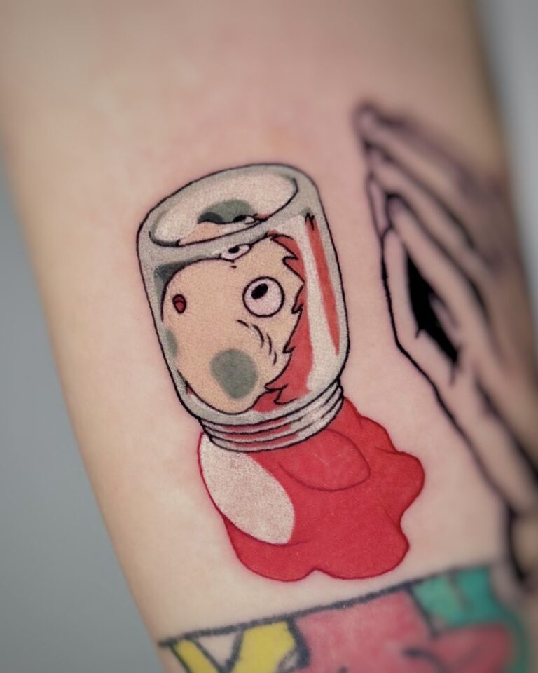Playful character in a jar tattoo with red colour flowing beneath it by Woody