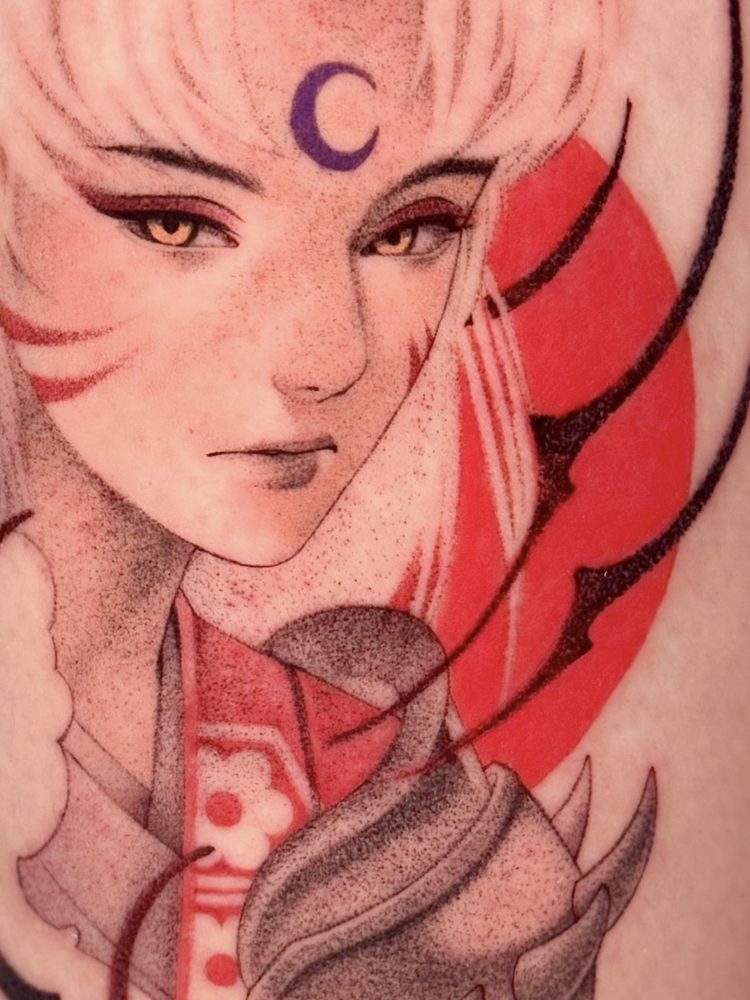 Anime portrait tattoo with a crescent moon on the forehead and a red background by Woody