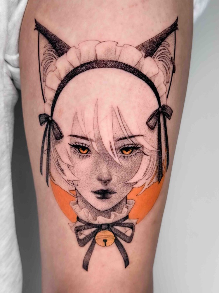 Cat-eared anime character tattoo with orange accents and detailed stipple shading by Woody