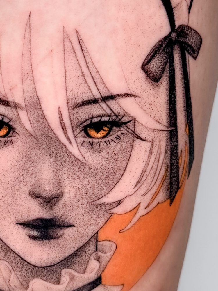 Close-up of the cat-eared anime portrait showing golden eyes and fine dot shading by Woody