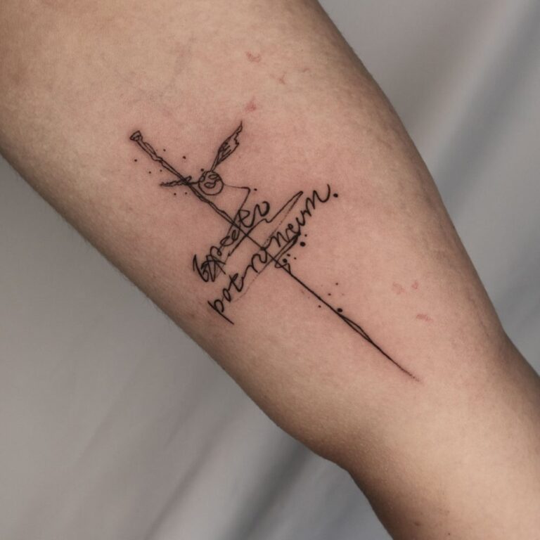 Fine line sword tattoo with script wrapping around the blade by Woody