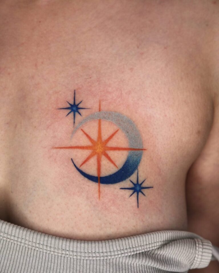 Colourful crescent moon and star tattoo in blue and orange on the side of the chest by Woody