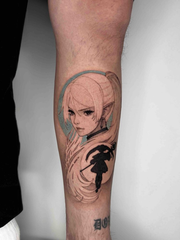 Long-haired anime character tattoo with a pale blue background on an arm by Woody