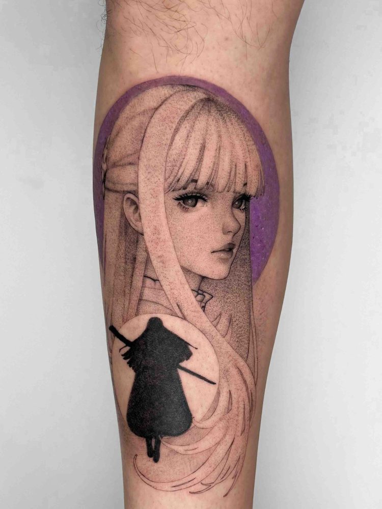 Side view of the long-haired anime character tattoo with fine hair strands and a pale blue background by Woody