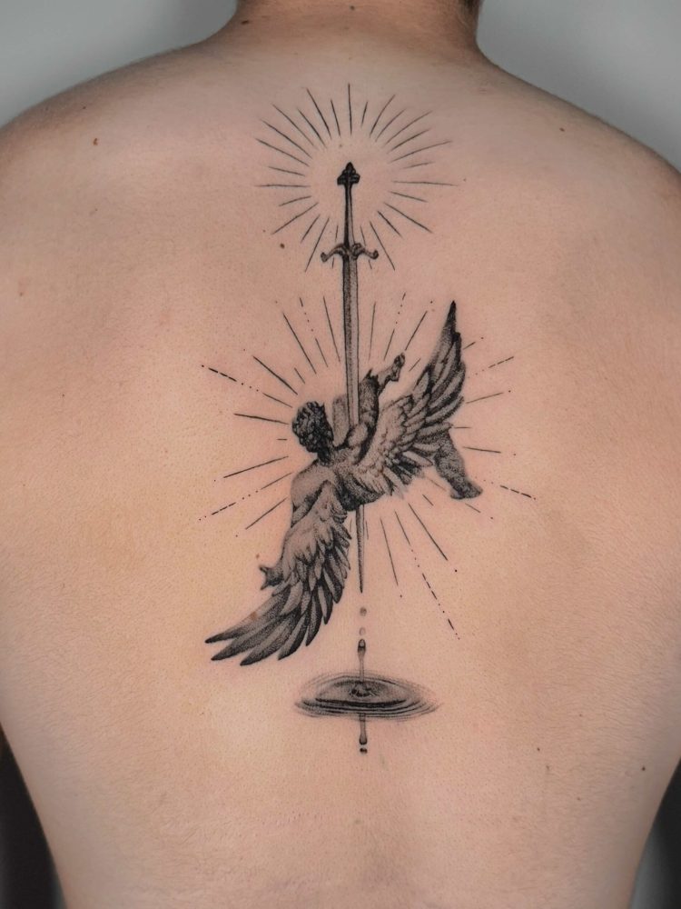 Winged figure and sword back tattoo with fine radiating geometric lines by Woody