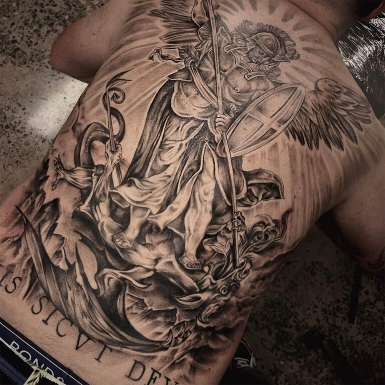 Full black/grey realism back piece depicting angel Gabriel