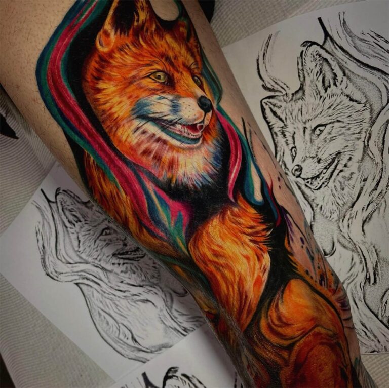 Full color realism piece of a fox with colorful smoke around it