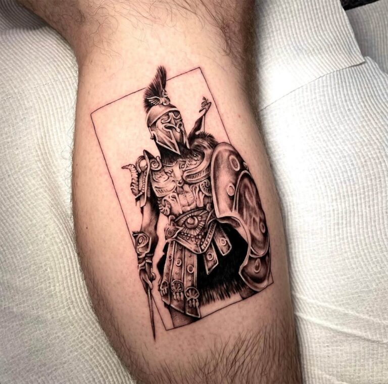 Microrealism tattoo of a Spartan warrior