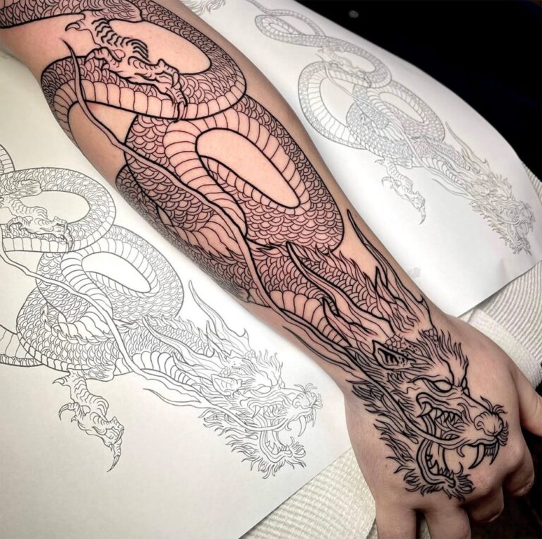 Linework half-sleeve dragon tattoo