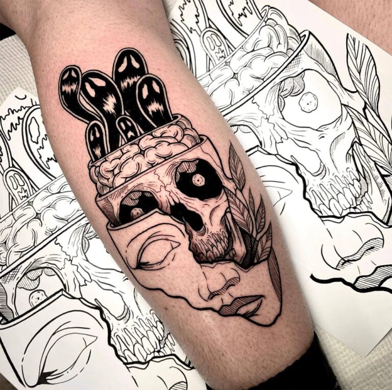 Blackwork tattoo of a face, skull, brain, and ghosts stacked
