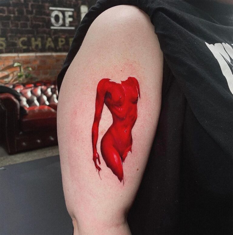 Microrealism color tattoo of a women's body dripping blood in red ink
