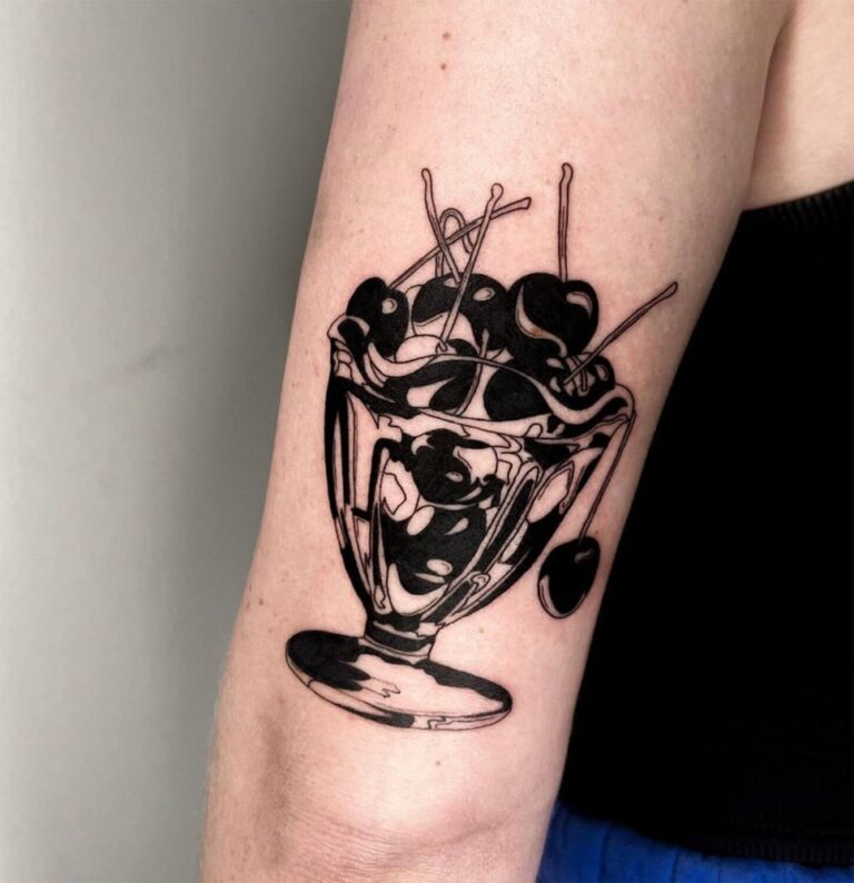 Blackwork ice cream tattoo with cherries