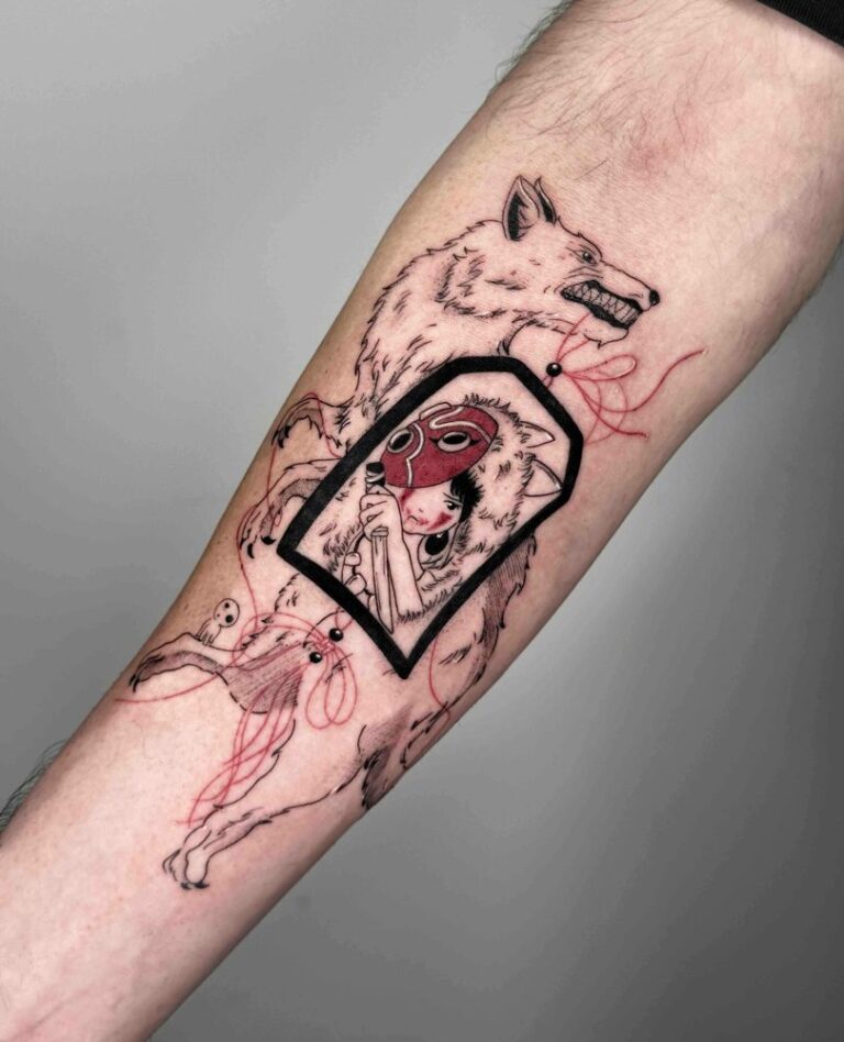 Wolf and masked figure tattoo with red accents, dynamic lines on forearm.